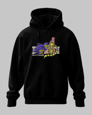 Felpa nera con cappuccio ricamata Milo dello Scorpione anime Saint Seiya, design colorato