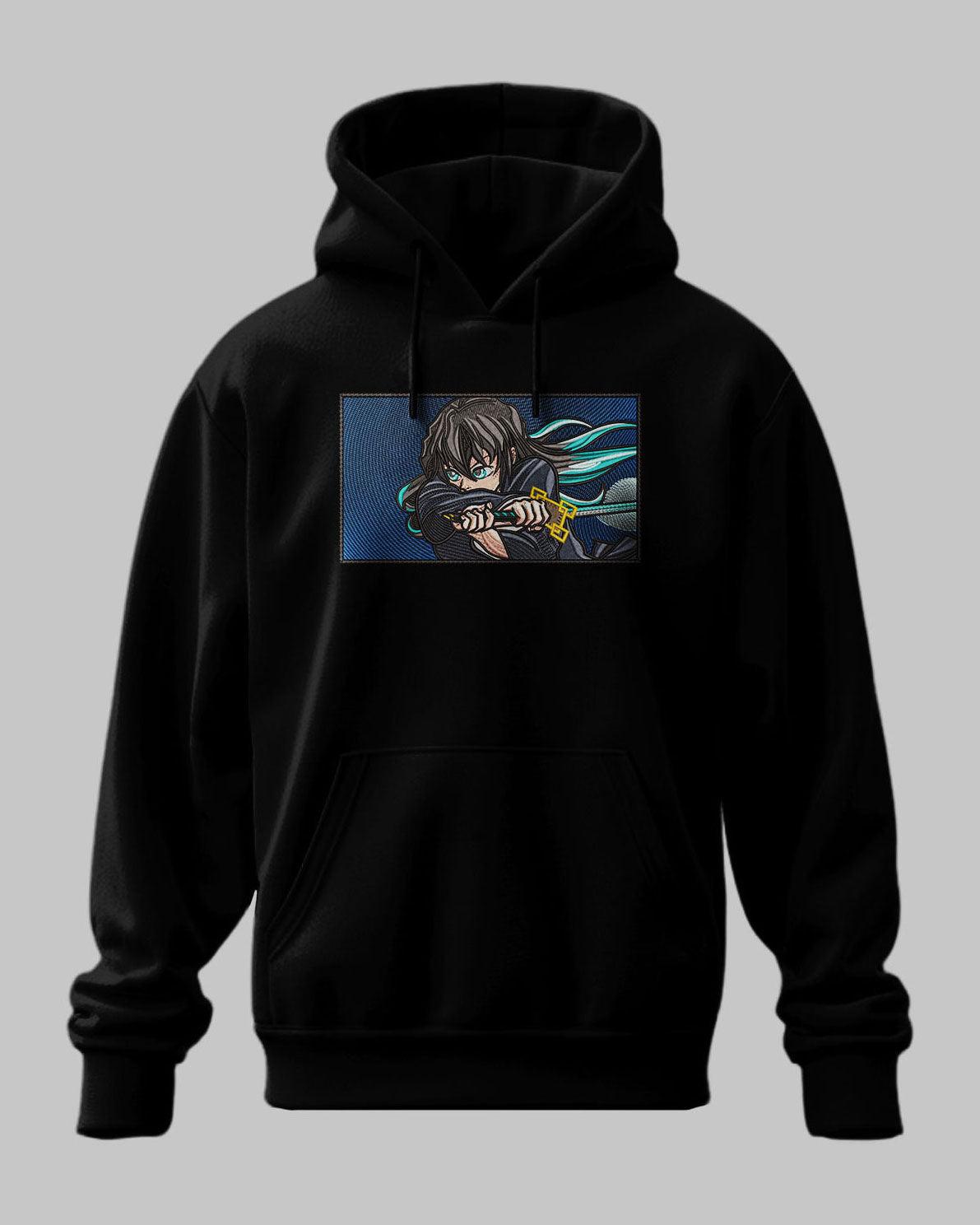 Felpa nera con ricamo di Muichiro Tokito di Demon Slayer, stile anime, tasca frontale