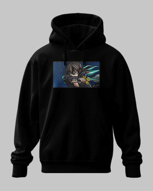 Felpa nera con ricamo di Muichiro Tokito di Demon Slayer, stile anime, tasca frontale