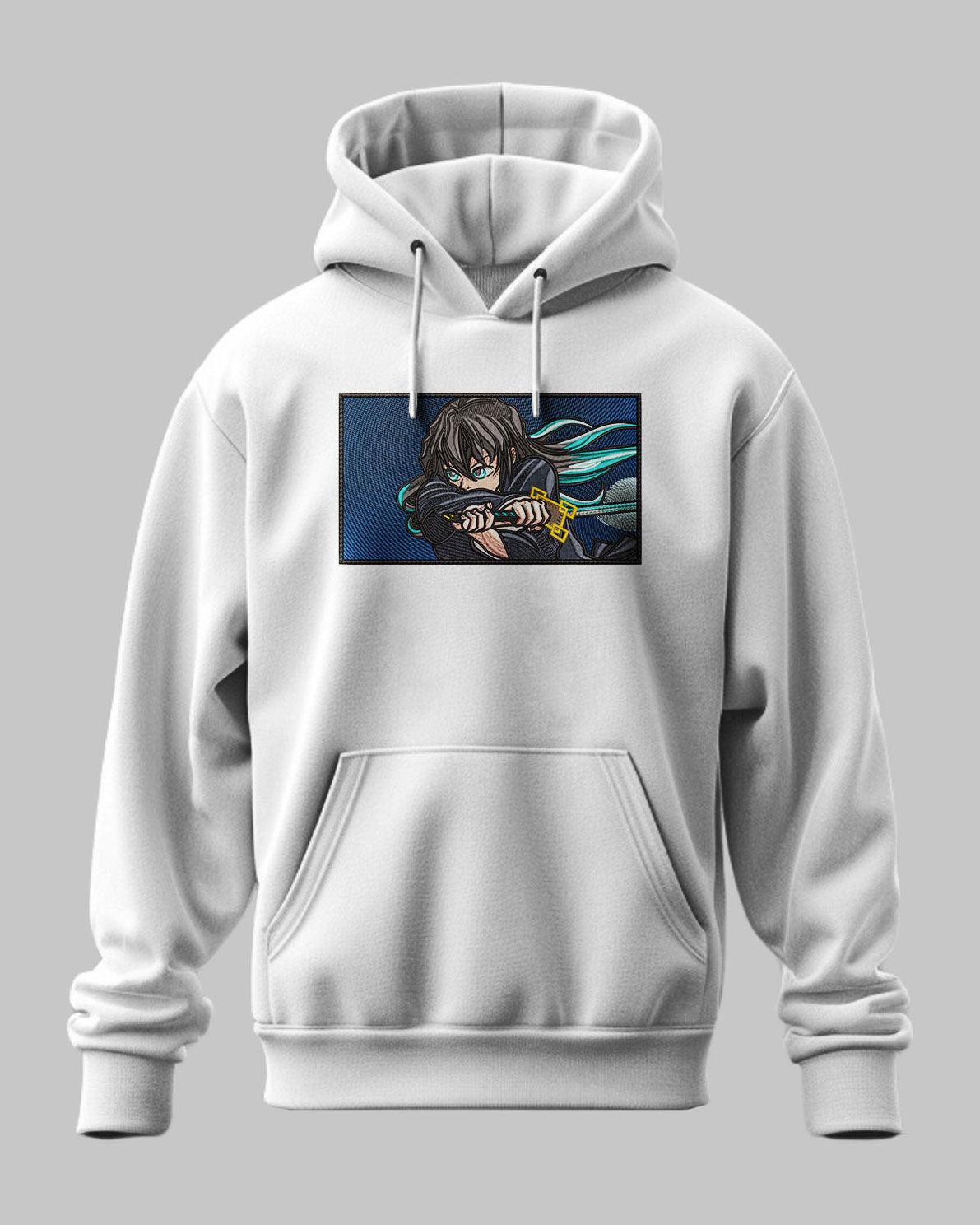 Felpa cappuccio grigia con ricamo anime Muichiro Tokito, Demon Slayer, stile giapponese.