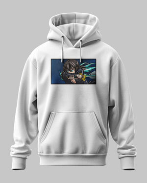 Felpa cappuccio grigia con ricamo anime Muichiro Tokito, Demon Slayer, stile giapponese.