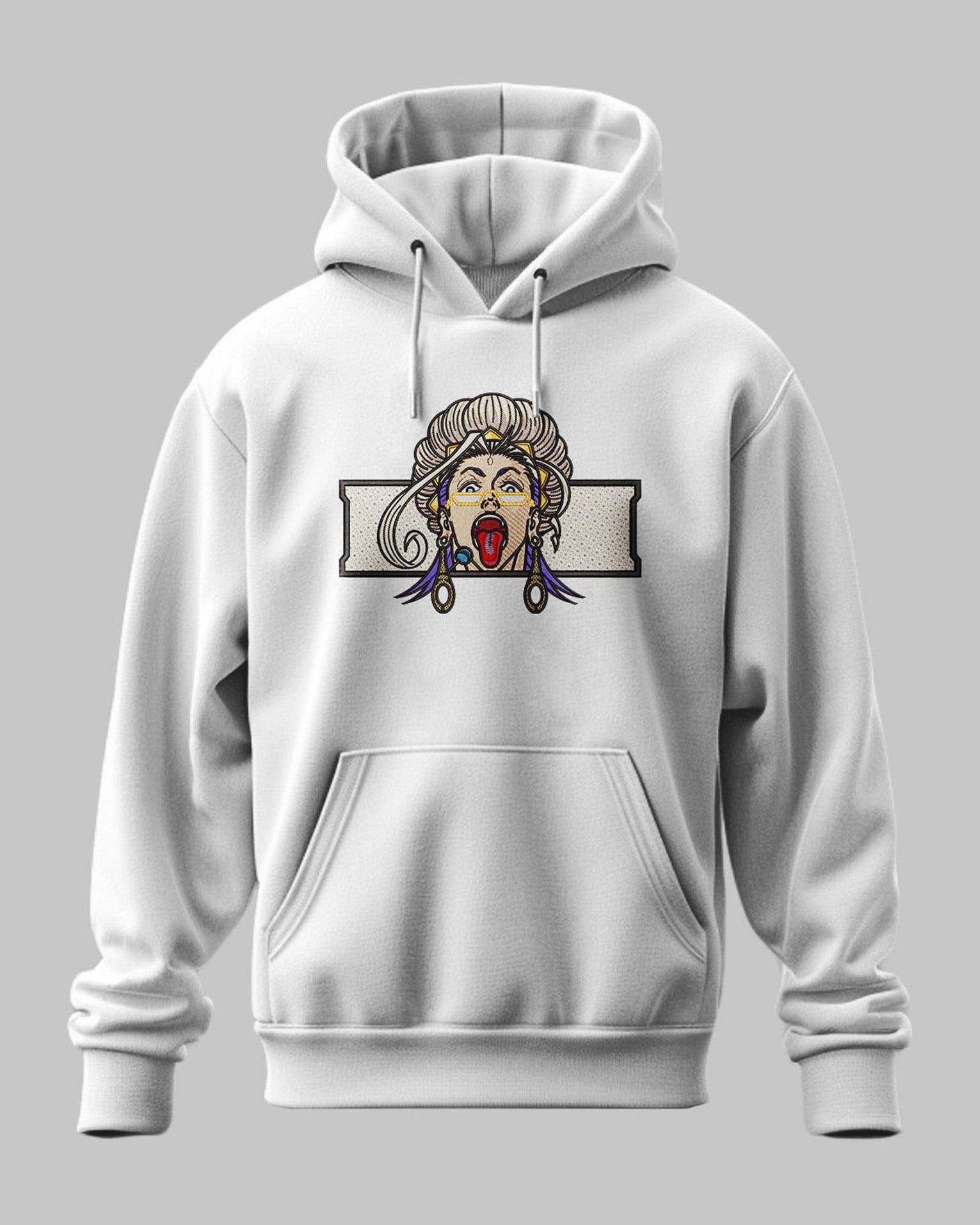 Felpa hoodie bianca con ricamo Buddha ispirato a Record of Ragnarok, stile anime, su sfondo grigio.
