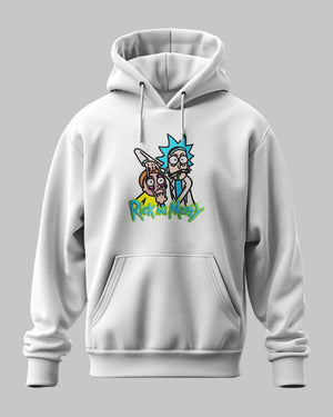 Felpa con cappuccio grigia Rick and Morty, stampa colorata dei personaggi anime.