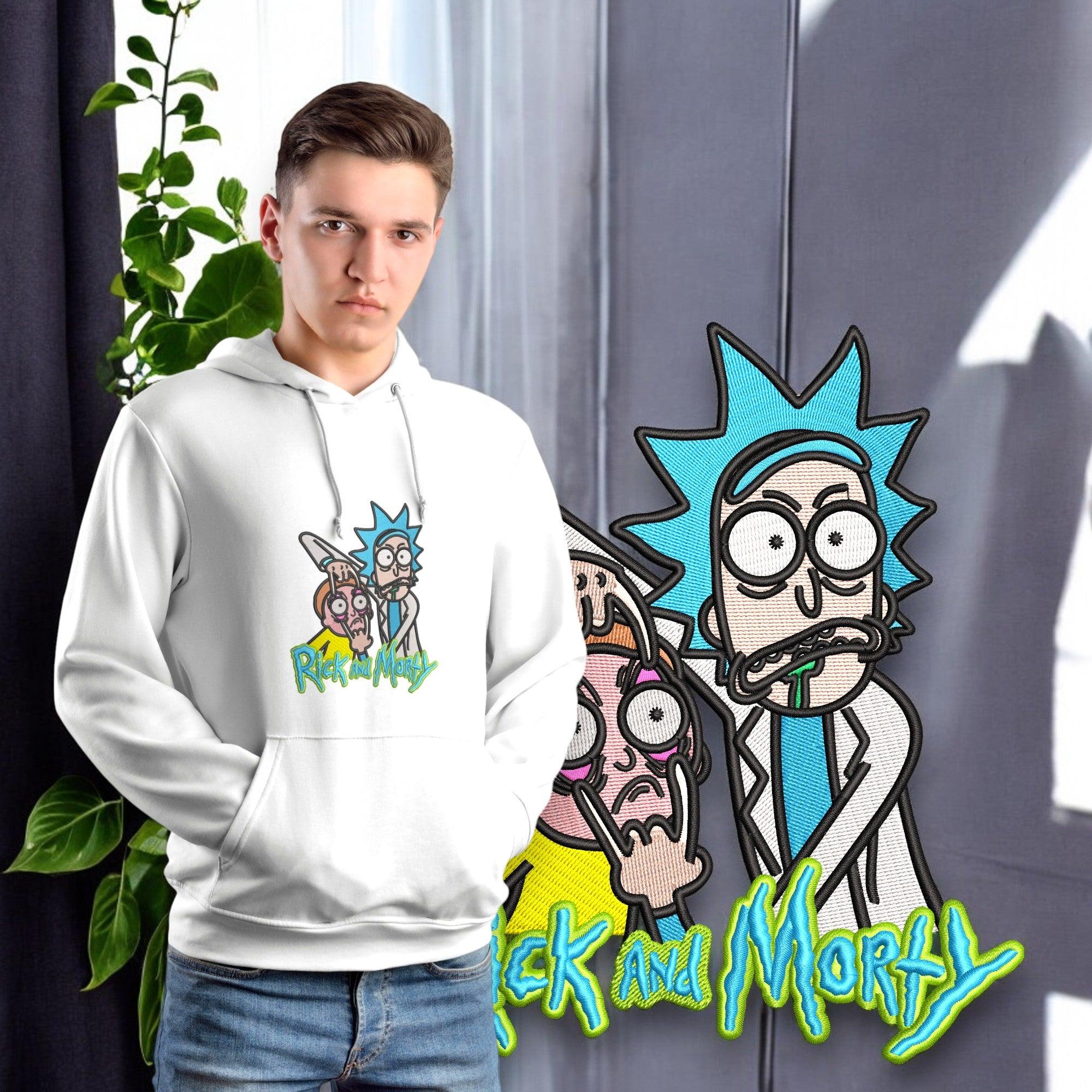 Felpa bianca con cappuccio Rick and Morty ricamata, indossata da ragazzo, stile anime.