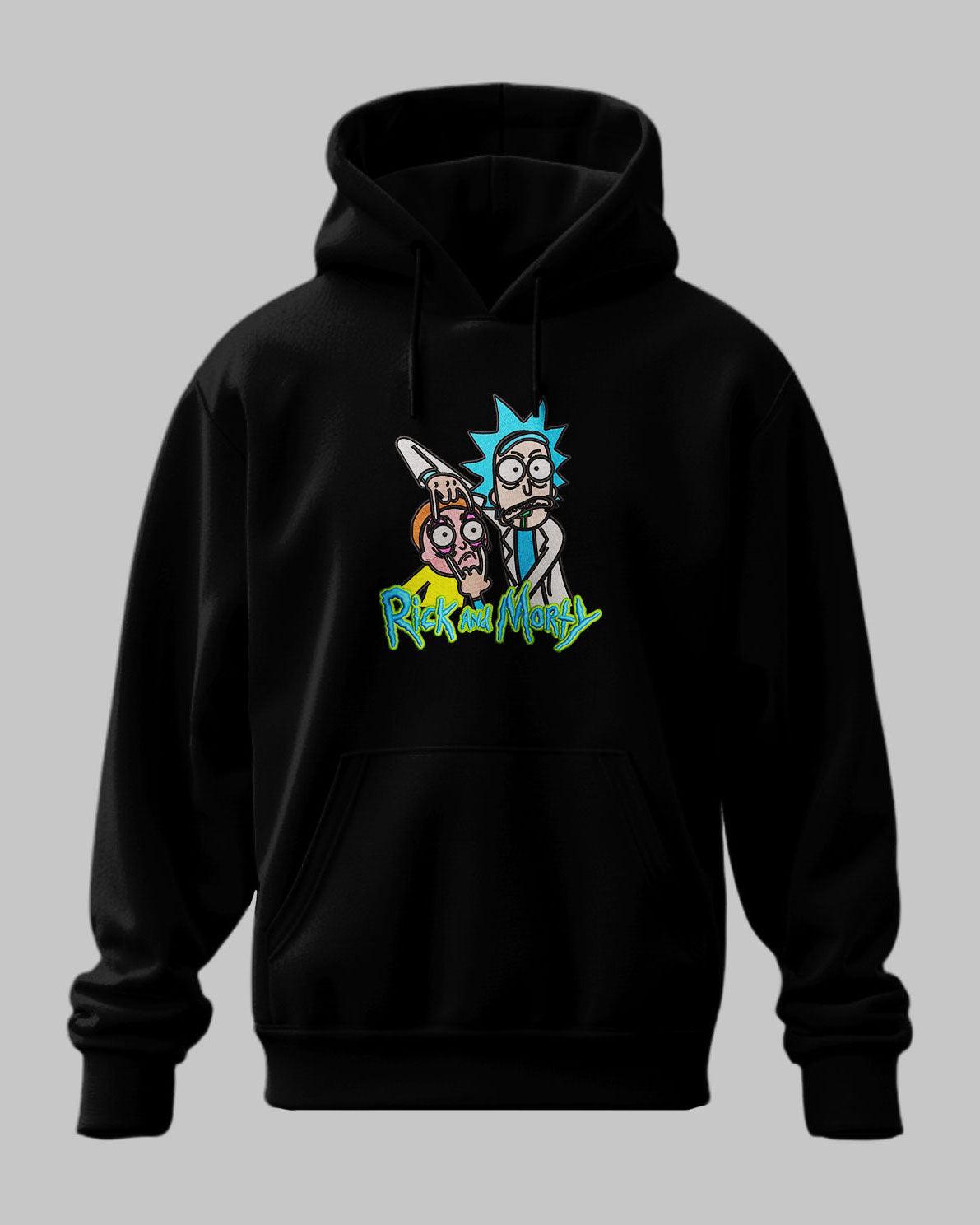 Felpa nera con cappuccio Rick and Morty, stampa colorata personaggi anime sul fronte.