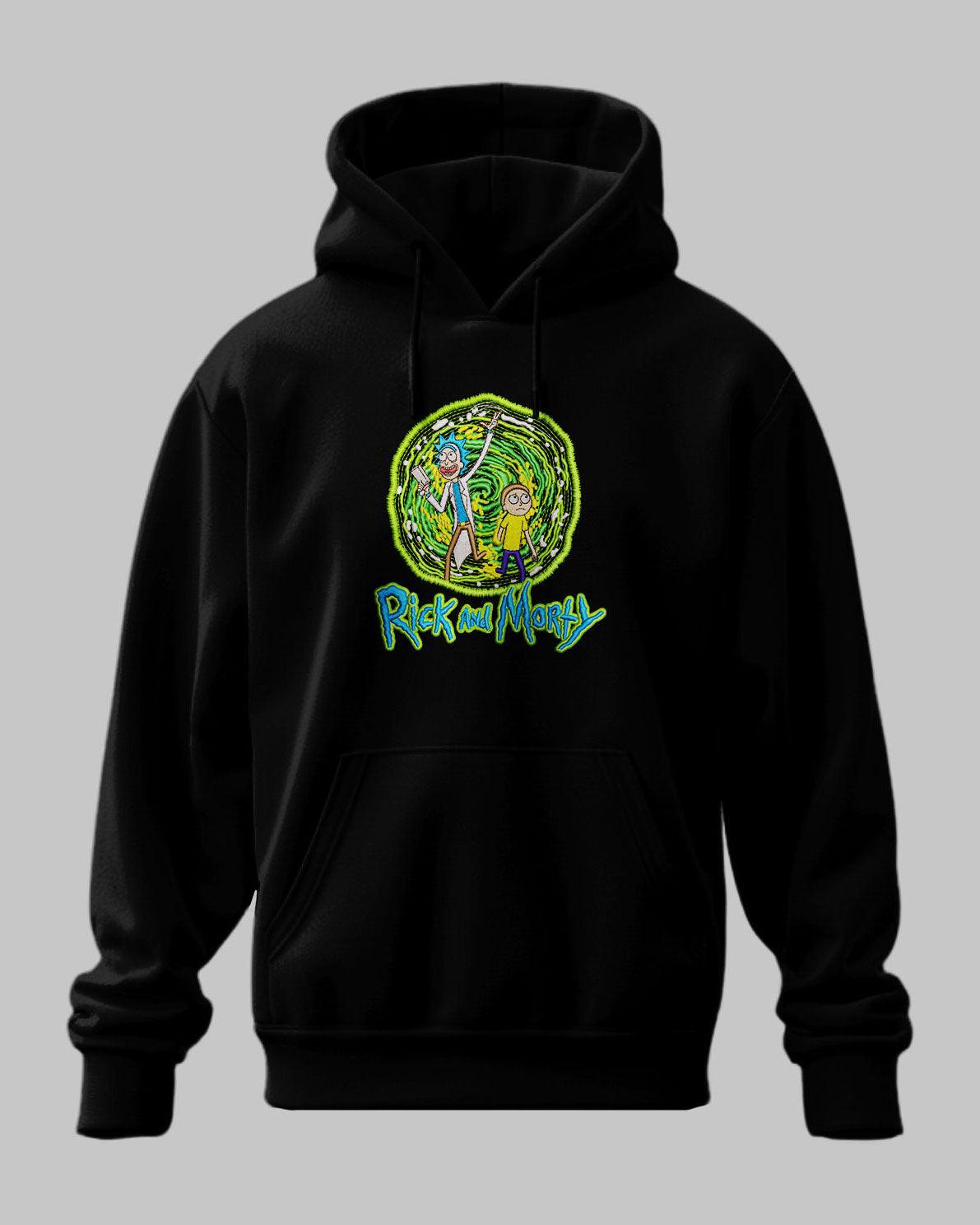 Felpa nera con cappuccio Rick and Morty, stampa colorata personaggi anime sul petto