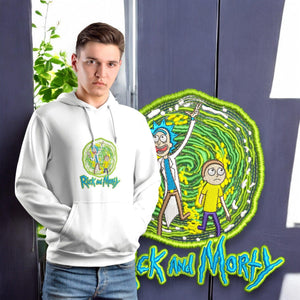 Felpa bianca ricamata Rick and Morty, con portale verde e personaggi anime, indossata da ragazzo.