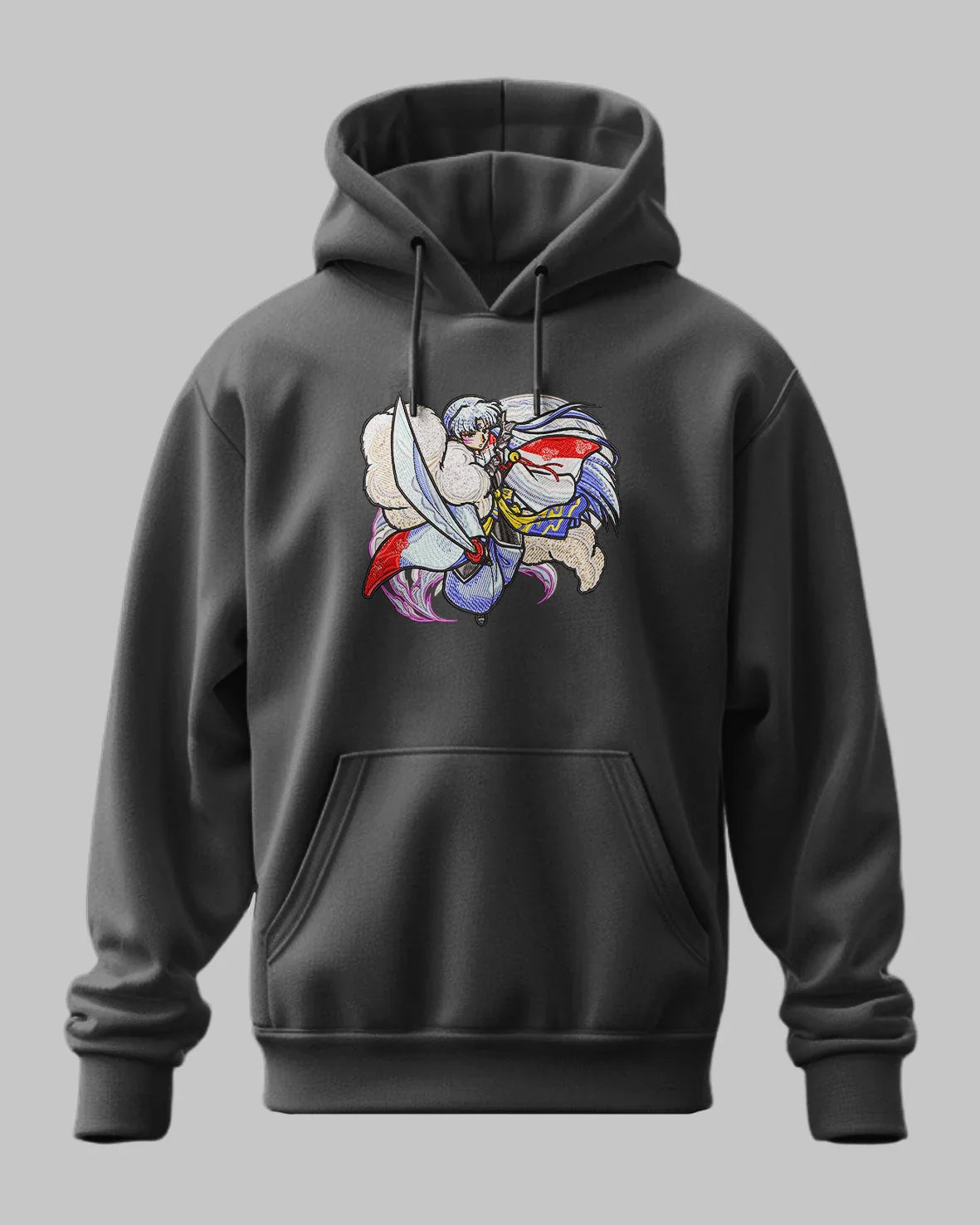 Felpa nera con ricamo Sesshomaru anime Inuyasha, stile giapponese, cappuccio e tasca frontale.