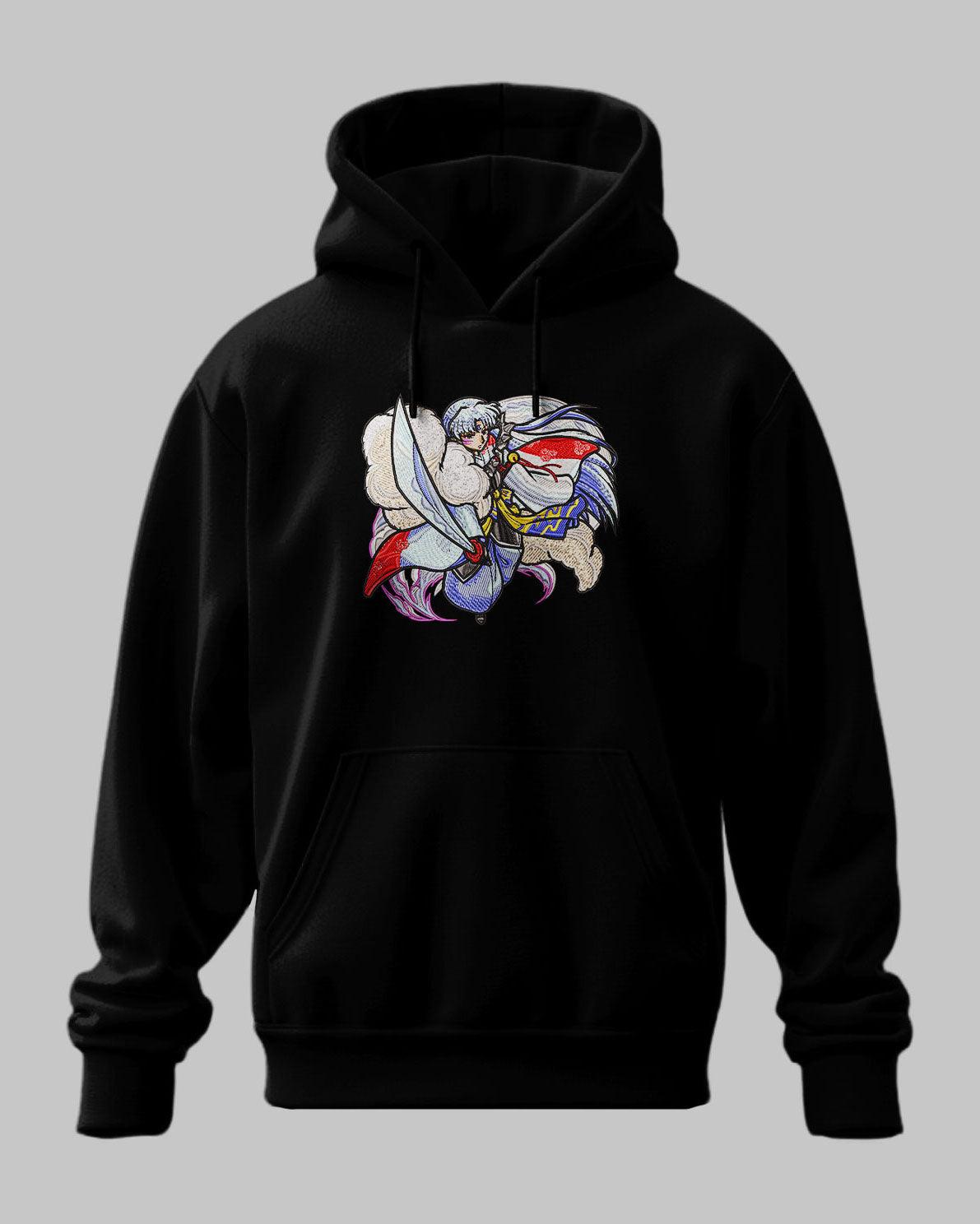 Felpa nera con cappuccio e ricamo personaggio anime Sesshomaru, stile Inuyasha.