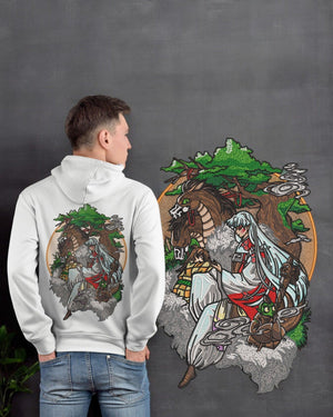 Felpa bianca con ricamo anime Sesshomaru e altri personaggi, ispirata a Inuyasha