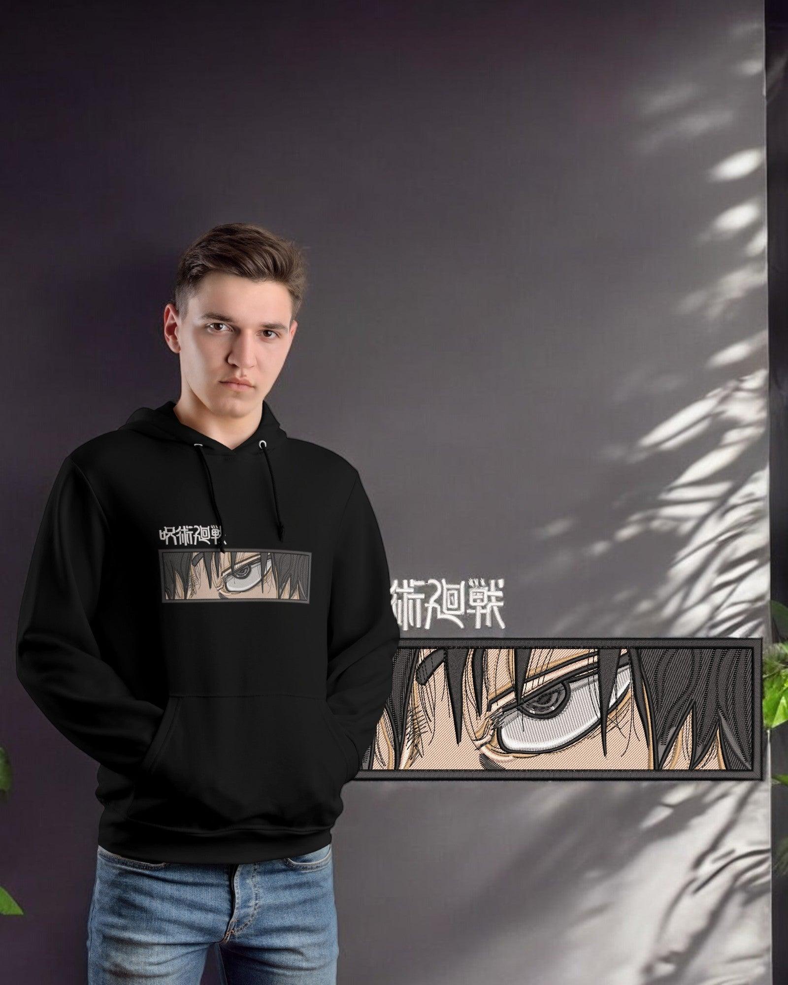 Felpa nera con cappuccio, ricamo anime Toji Fushiguro Jujutsu Kaisen, modellata da ragazzo
