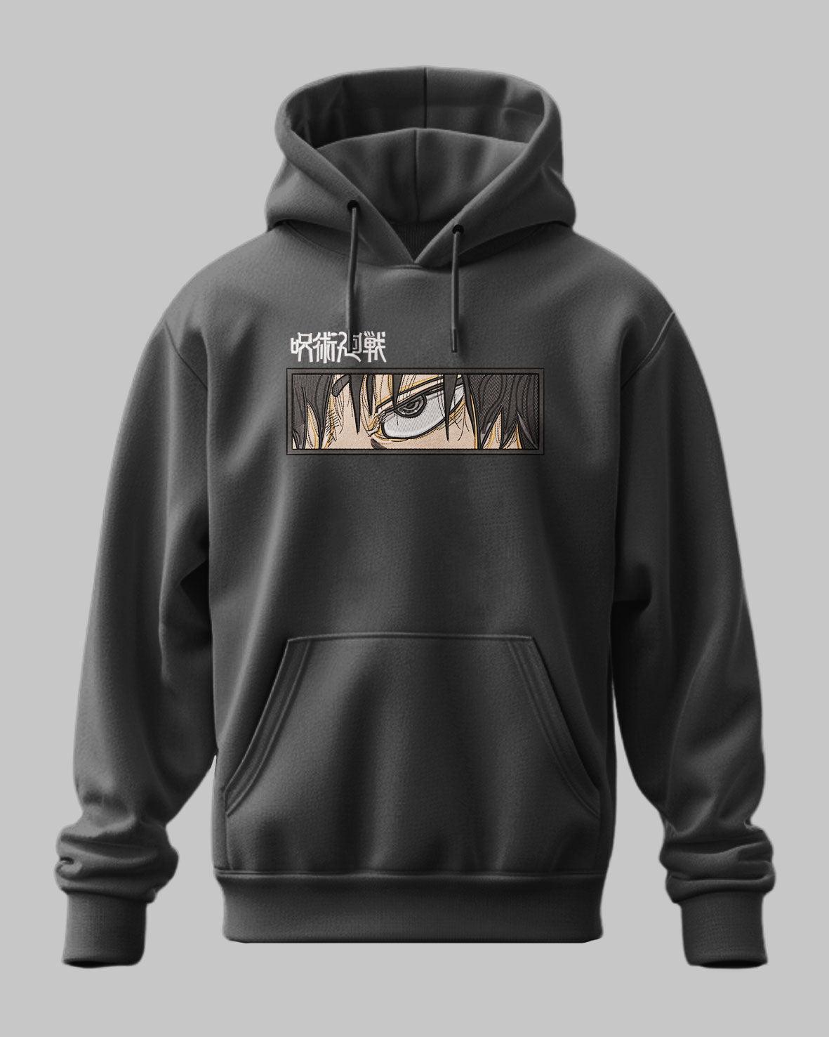 Felpa nera con cappuccio, stampa personaggio anime Jujutsu Kaisen, occhi intensi