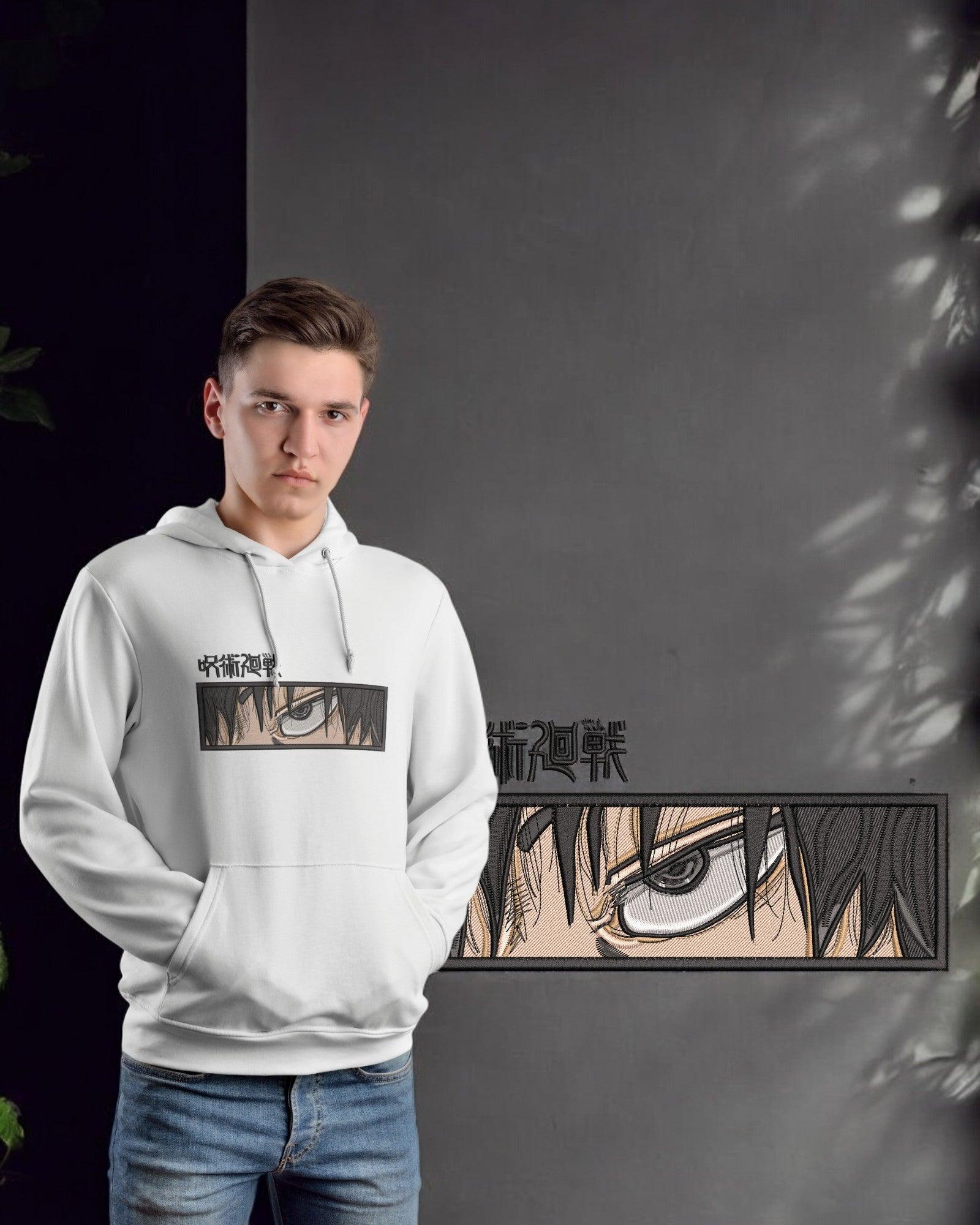 Felpa bianca anime con ricamo Toji Fushiguro Jujutsu Kaisen, stile manga giapponese.