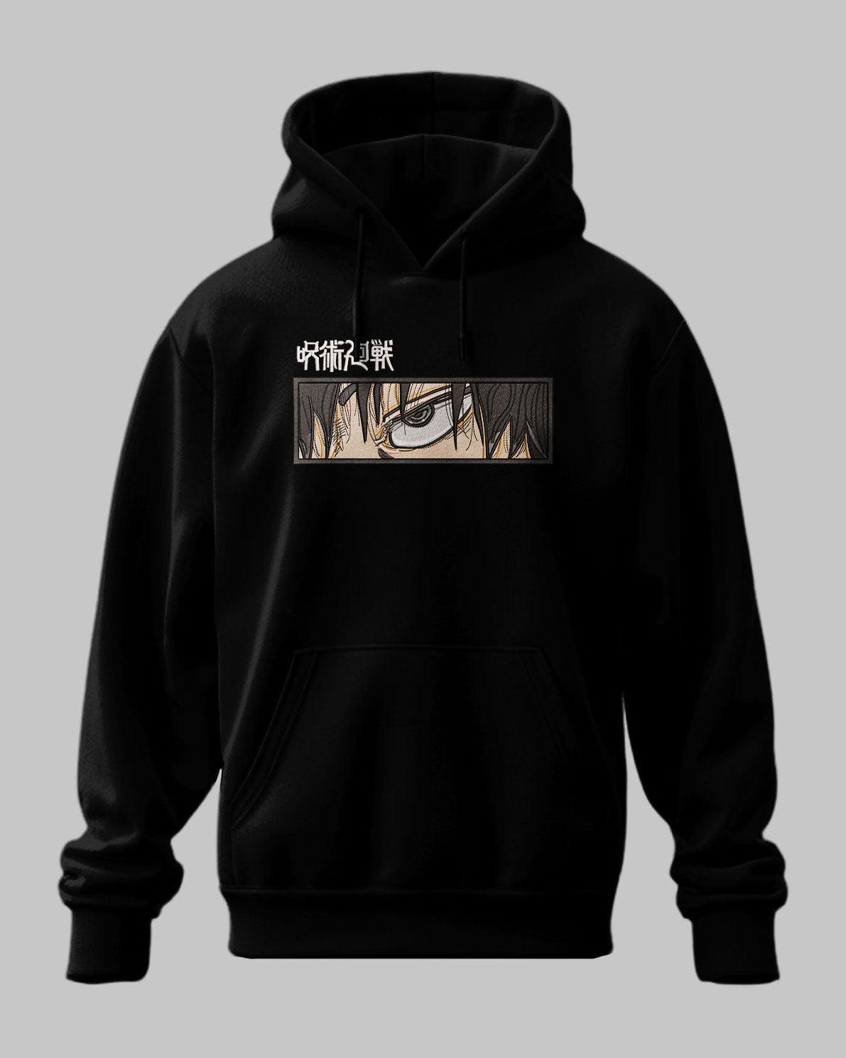 Felpa nera con cappuccio, stampa anime Jujutsu Kaisen e occhi di personaggio, stile streetwear.