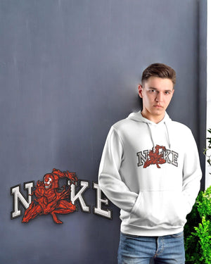 Felpa bianca con stampa personaggio anime rosso e scritta decorata, moda streetwear.