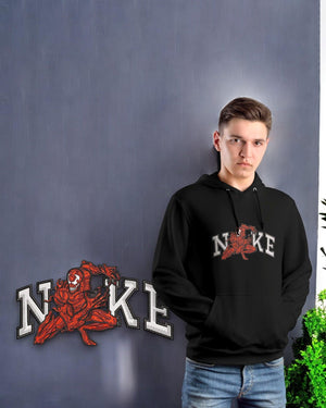 Felpa nera con cappuccio, ricamo Venom rosso e scritta stilizzata, moda anime streetwear.