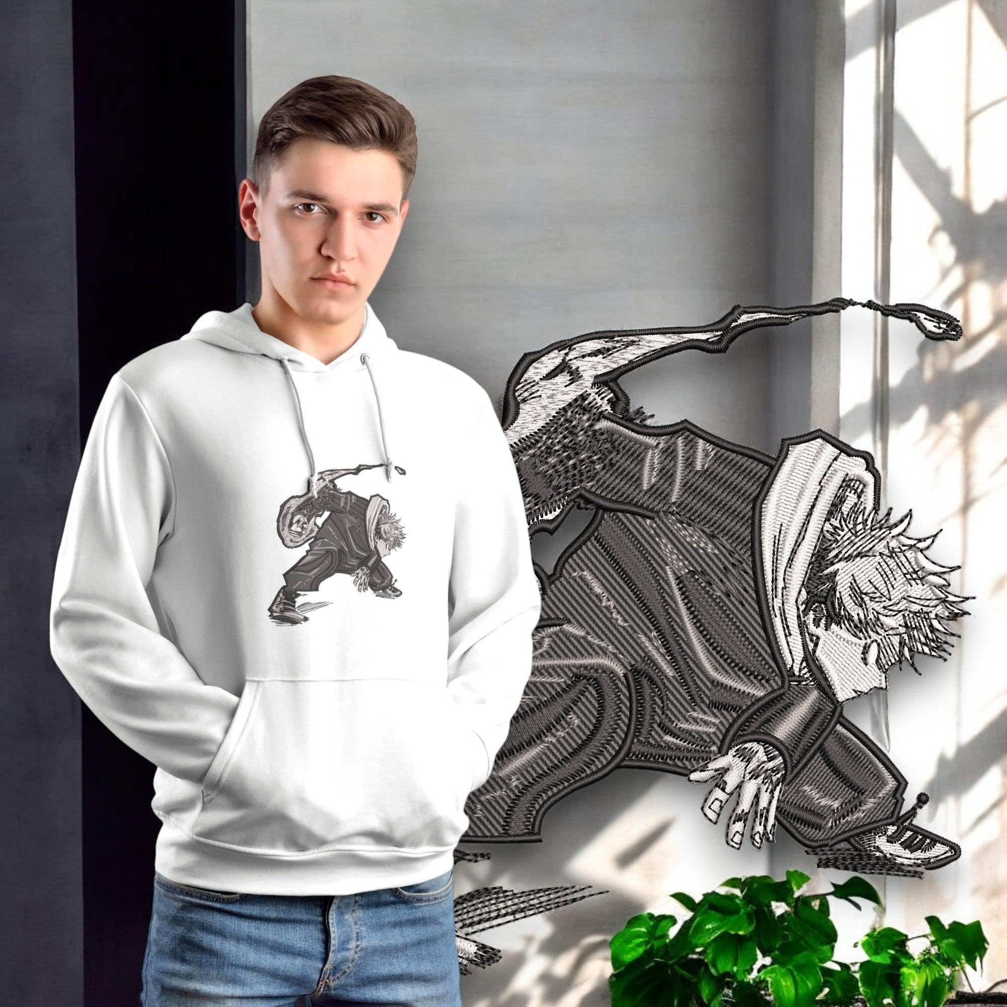 Felpa bianca con stampa Yuji Itadori di Jujutsu Kaisen, ragazzo in posa, stile anime