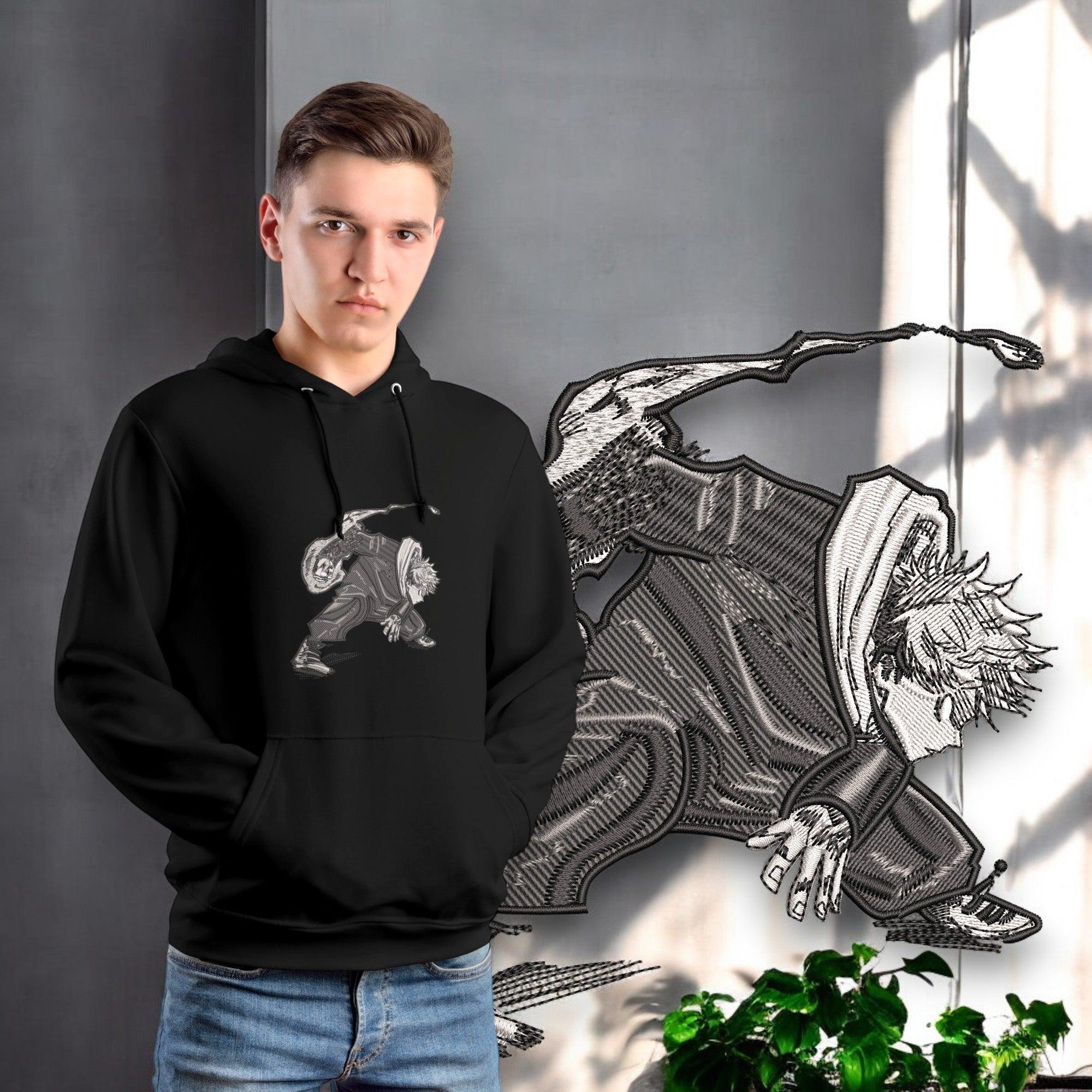 Felpa nera con stampa ricamata Yuji Itadori di Jujutsu Kaisen, stile manga, indossata da ragazzo