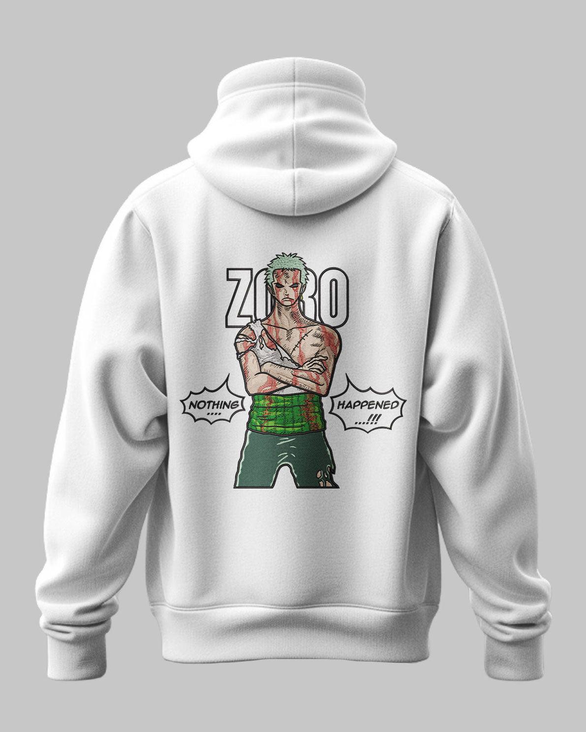 Felpa bianca con stampa ricamata Zoro One Piece e scritta Nothing Happened sul retro.