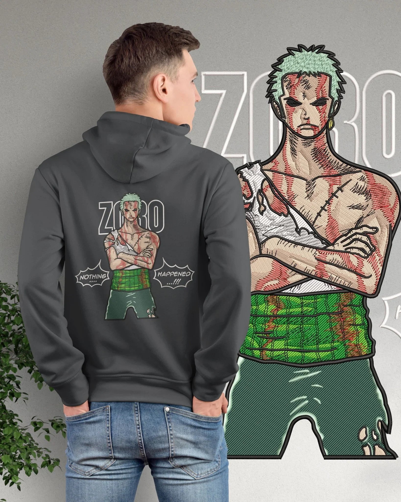 Felpa nera con stampa ricamata di Zoro sanguinante dall’anime One Piece e scritta Nothing Happened.