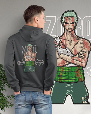 Felpa nera con stampa ricamata di Zoro sanguinante dall’anime One Piece e scritta Nothing Happened.