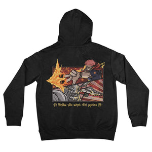 Felpa nera anime ricamata con scena Sukuna vs Mahoraga, dettagli colorati e scritta jujutsu.