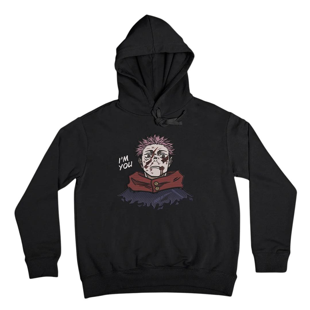 Felpa nera con cappuccio, ricamo personaggio anime Yuji Itadori Jujutsu Kaisen e scritta I'm you