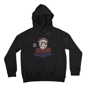 Felpa nera con cappuccio, ricamo personaggio anime Yuji Itadori Jujutsu Kaisen e scritta I'm you