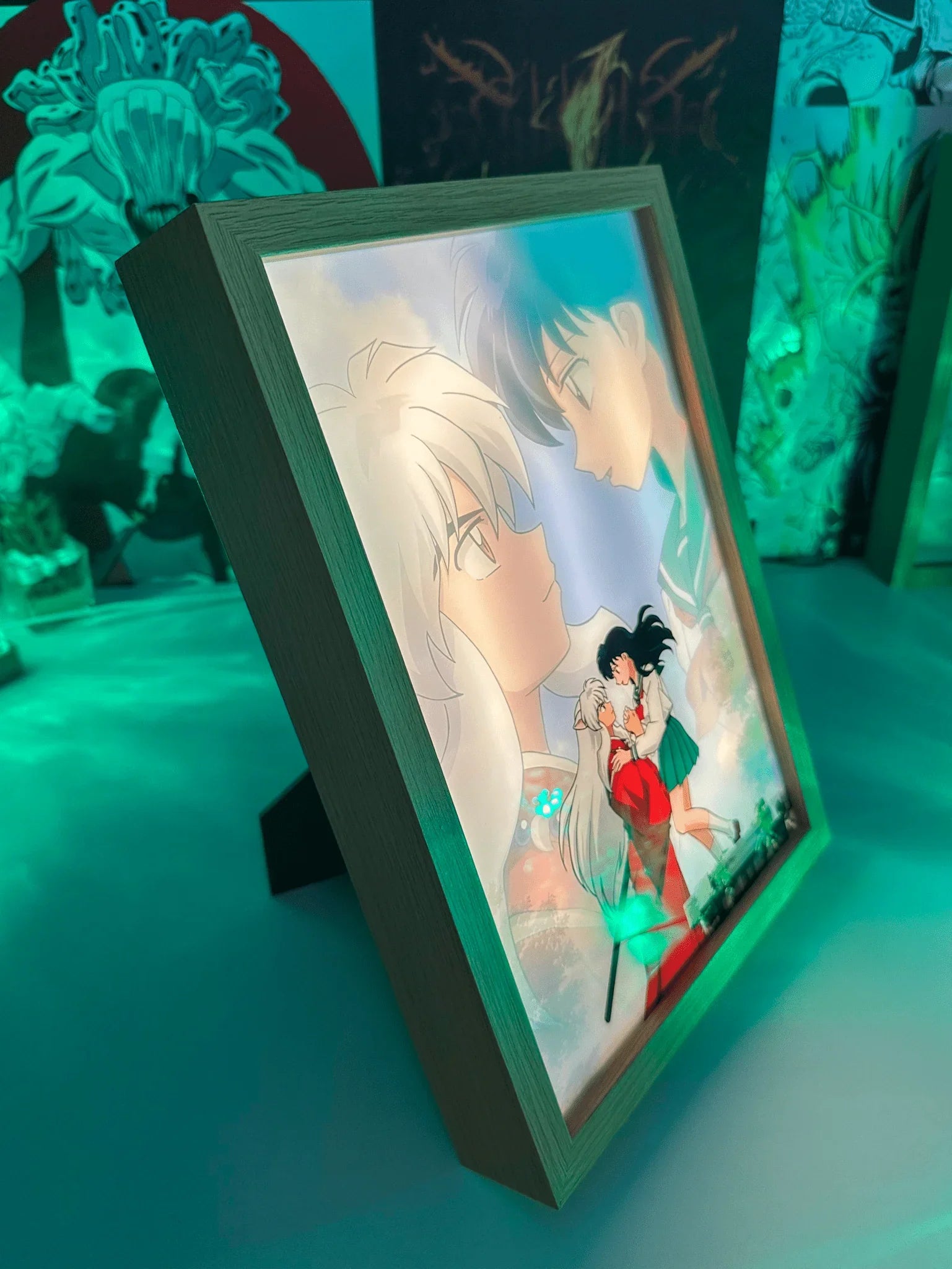 Quadro LED Inuyasha e Kagome romantico, cornice in legno, arte anime luminosa