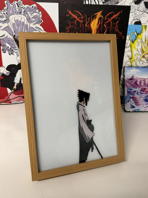 Lampada quadro LED con personaggio anime stile Naruto in cornice di legno, sfondo manga.