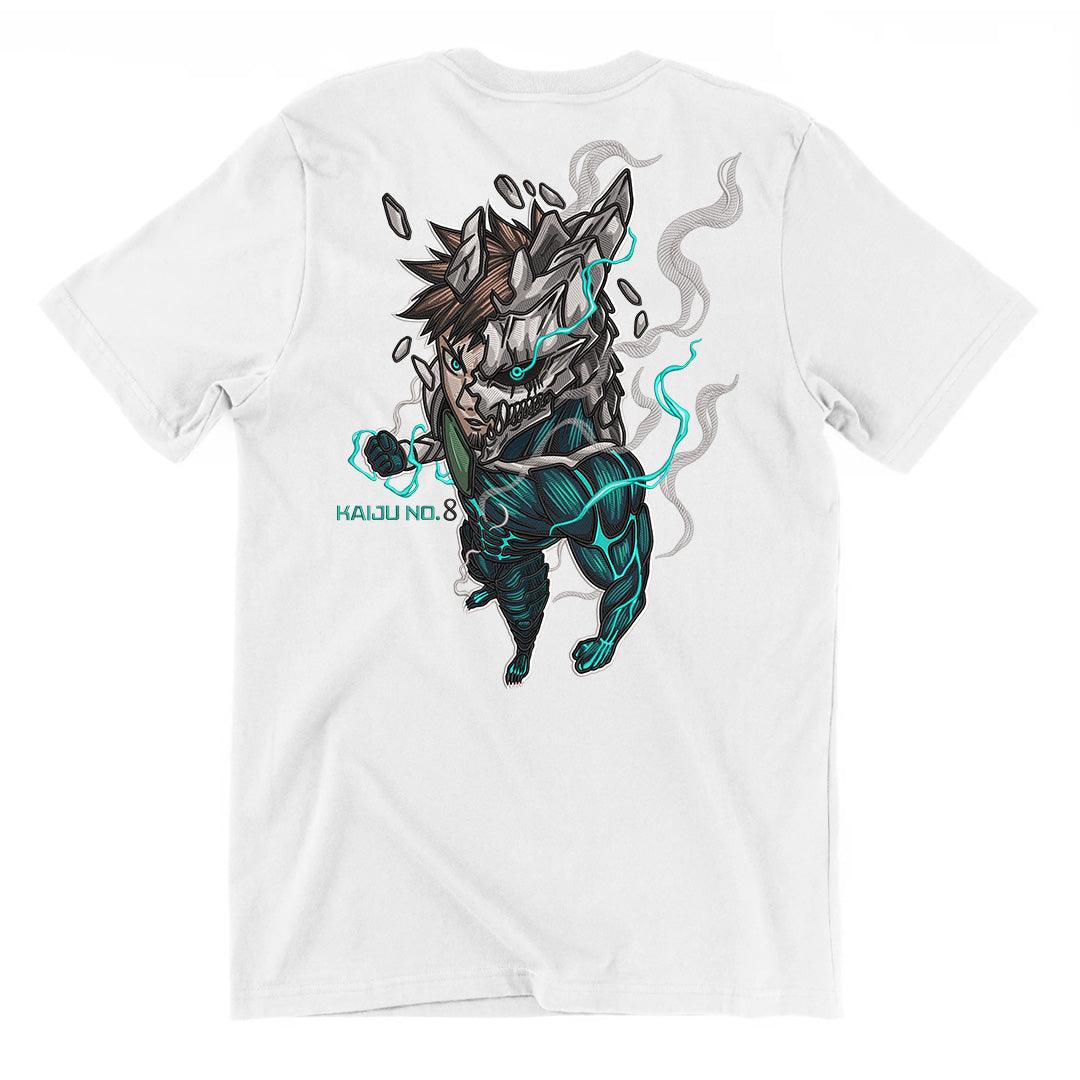T-shirt bianca anime con ricamo Kaiju No. 8 personaggio mostruoso, stile giapponese