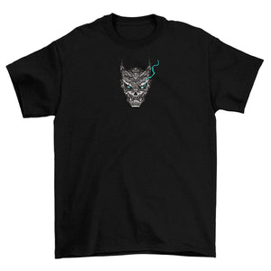T-shirt nera anime con ricamo kaiju stilizzato, occhi azzurri e dettagli grafici