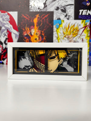 Light box decor anime Denji Chainsaw Man, cornice bianca, arte luminosa per camera nerd.