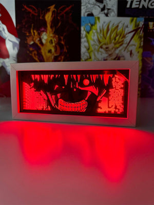 Lampada light box anime con volto minaccioso di personaggio, illuminazione LED rossa, decorazione otaku