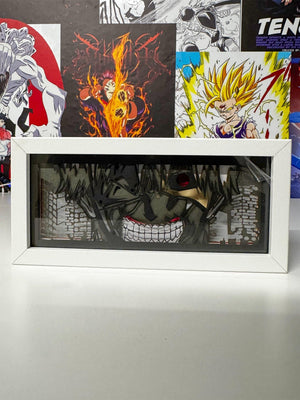 Light box anime con illustrazione Kaneki ispirata a Tokyo Ghoul, cornice bianca, sfondo poster anime.