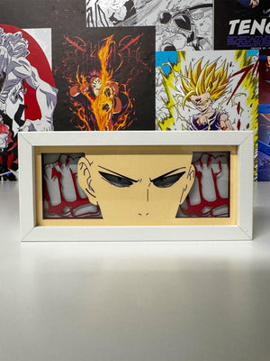 Light box anime di Saitama One Punch Man con cornice bianca, sfondo murale anime