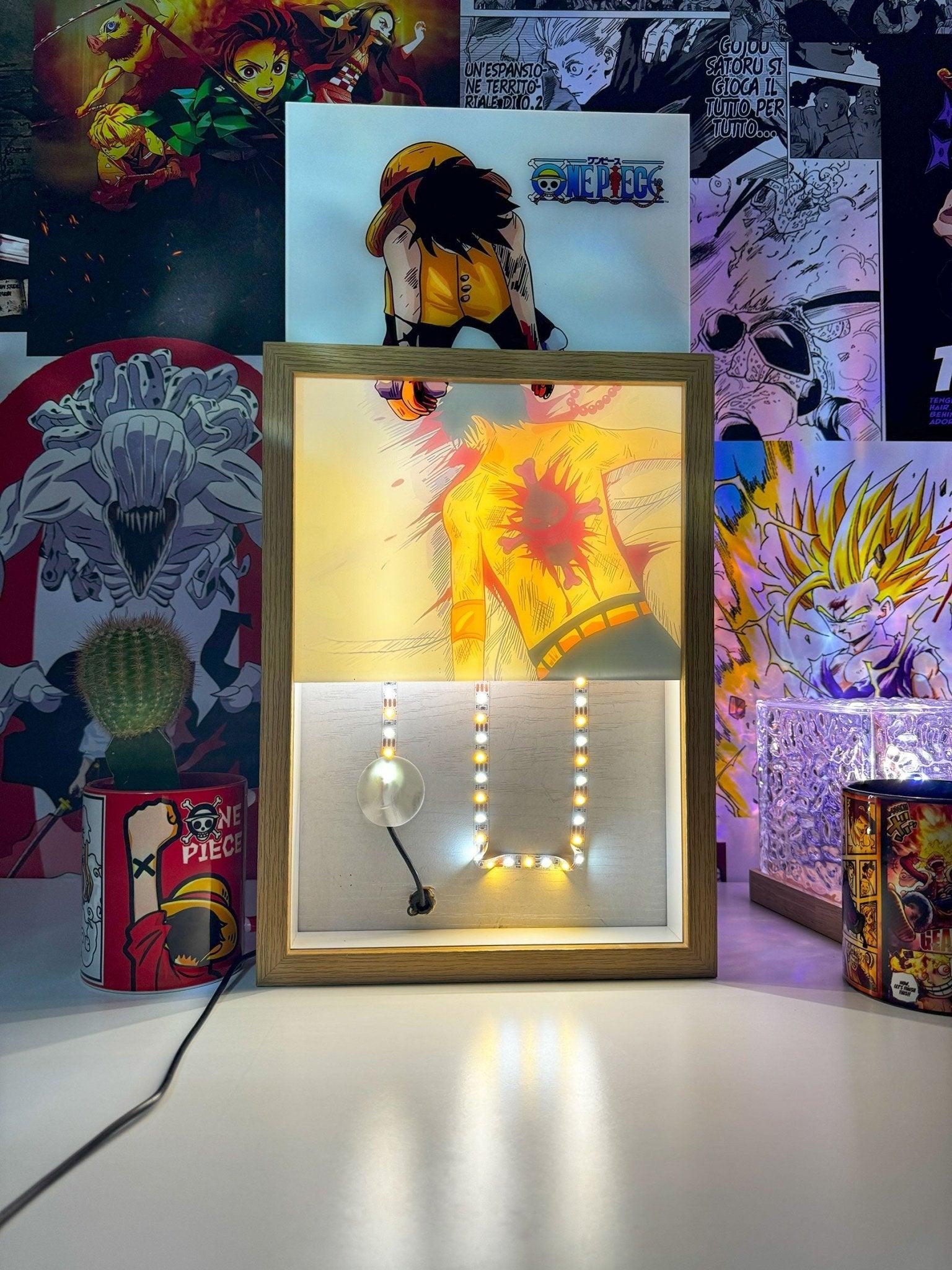 Quadro LED Luffy e Ace One Piece su scrivania, arte luminosa per cameretta otaku