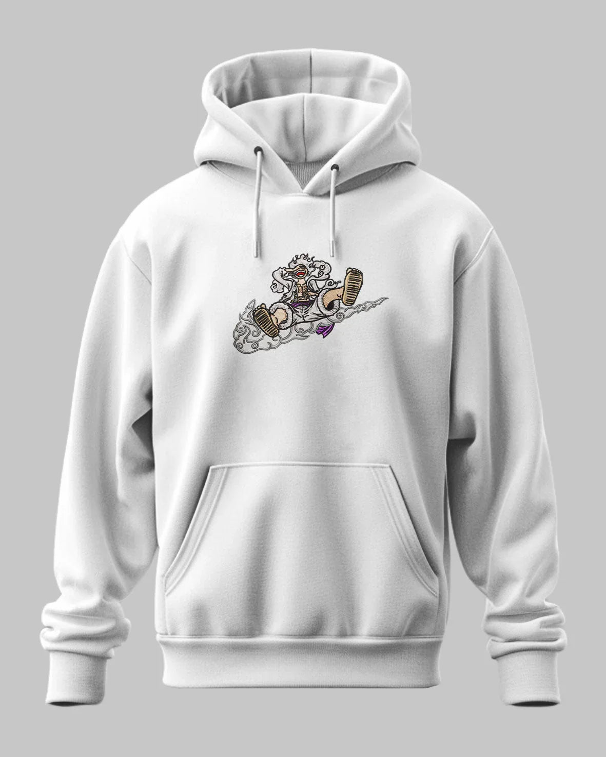 Felpa bianca ricamata con personaggio anime in corsa e scarpe da ginnastica, stile One Piece.
