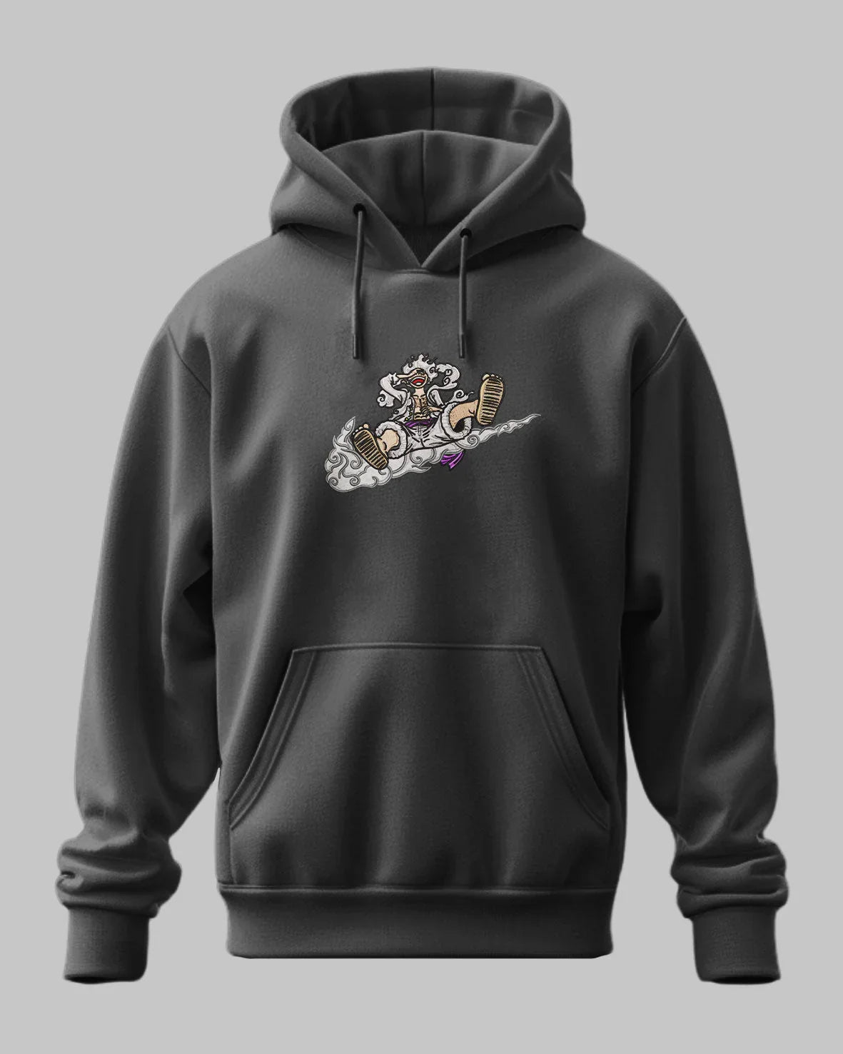 Felpa nera con cappuccio, ricamo ispirato a anime One Piece, personaggio con scarpe sportive.