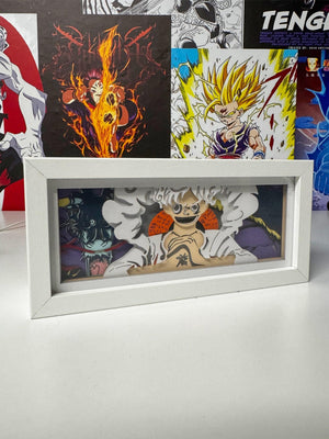 Lampada light box anime con Luffy Gear 5 di One Piece in cornice bianca, decorazione otaku