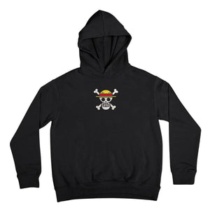 Felpa nera con cappuccio e ricamo Jolly Roger One Piece, cappello di paglia, stile anime.