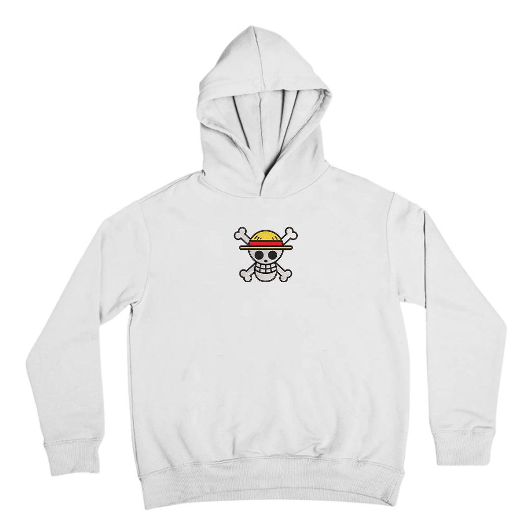 Felpa bianca con cappuccio, logo ricamato One Piece Jolly Roger con cappello di paglia