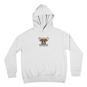 Felpa bianca con cappuccio, logo ricamato One Piece Jolly Roger con cappello di paglia