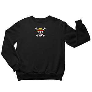 Felpa nera con ricamo Jolly Roger di One Piece e cappello di paglia, stile anime.