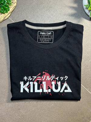 Maglietta nera anime Killua Zoldyck Hunter x Hunter con scritta giapponese e silhouette rossa.