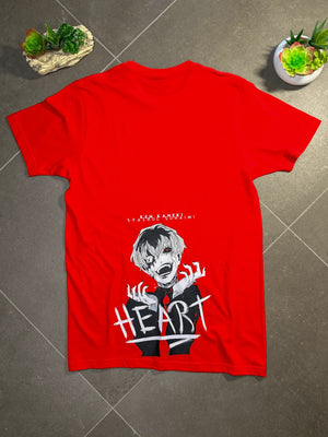 Maglietta rossa anime Tokyo Ghoul con stampa Ken Kaneki e scritta Heart, stile giapponese.