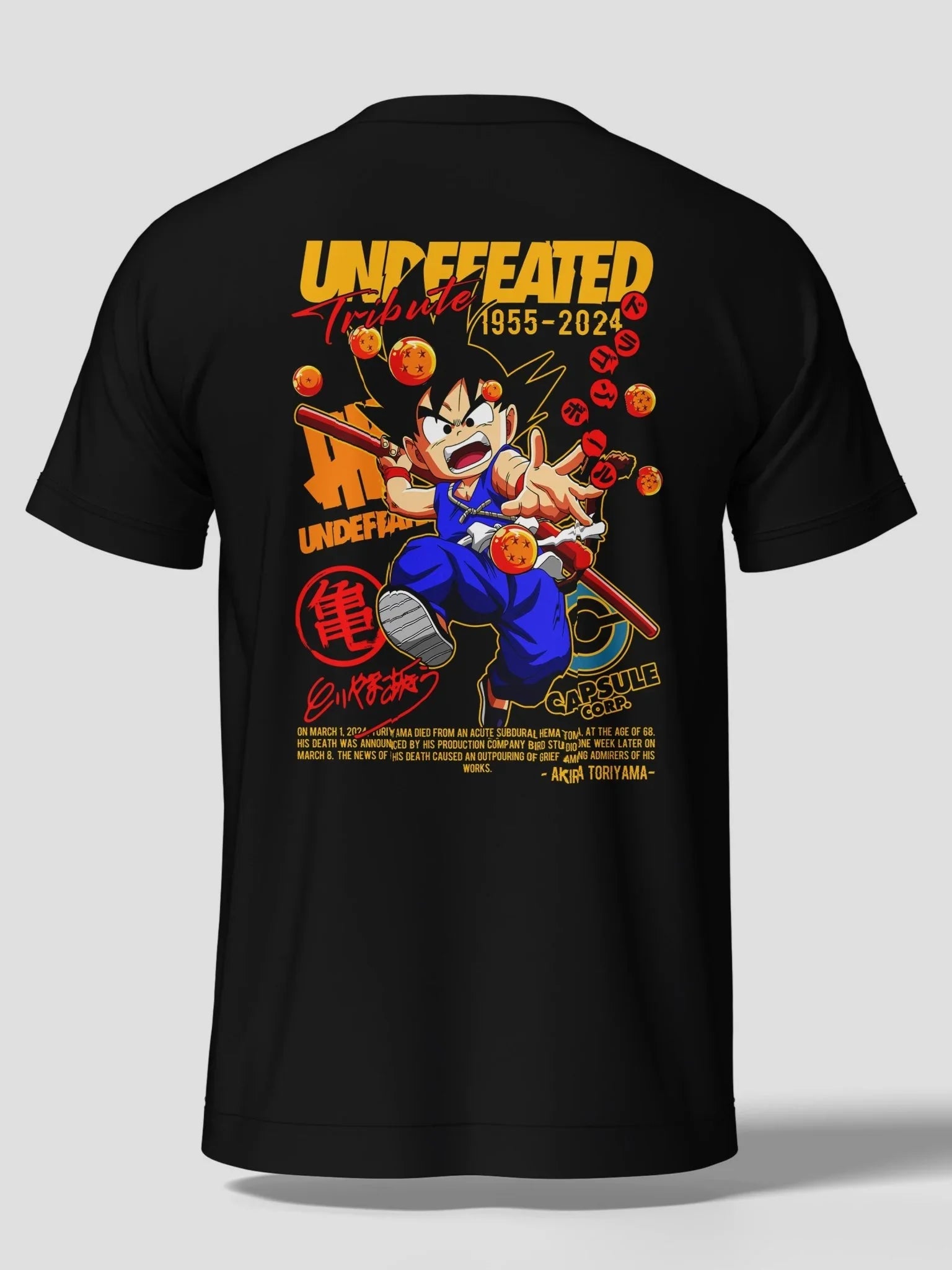 Maglietta nera con stampa Goku Dragon Ball, sfere del drago, tributo Akira Toriyama 1955-2024.