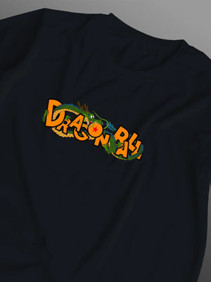 Maglietta nera anime con scritta Dragon Ball e drago Shenron ricamata, ispirata a manga giapponese.