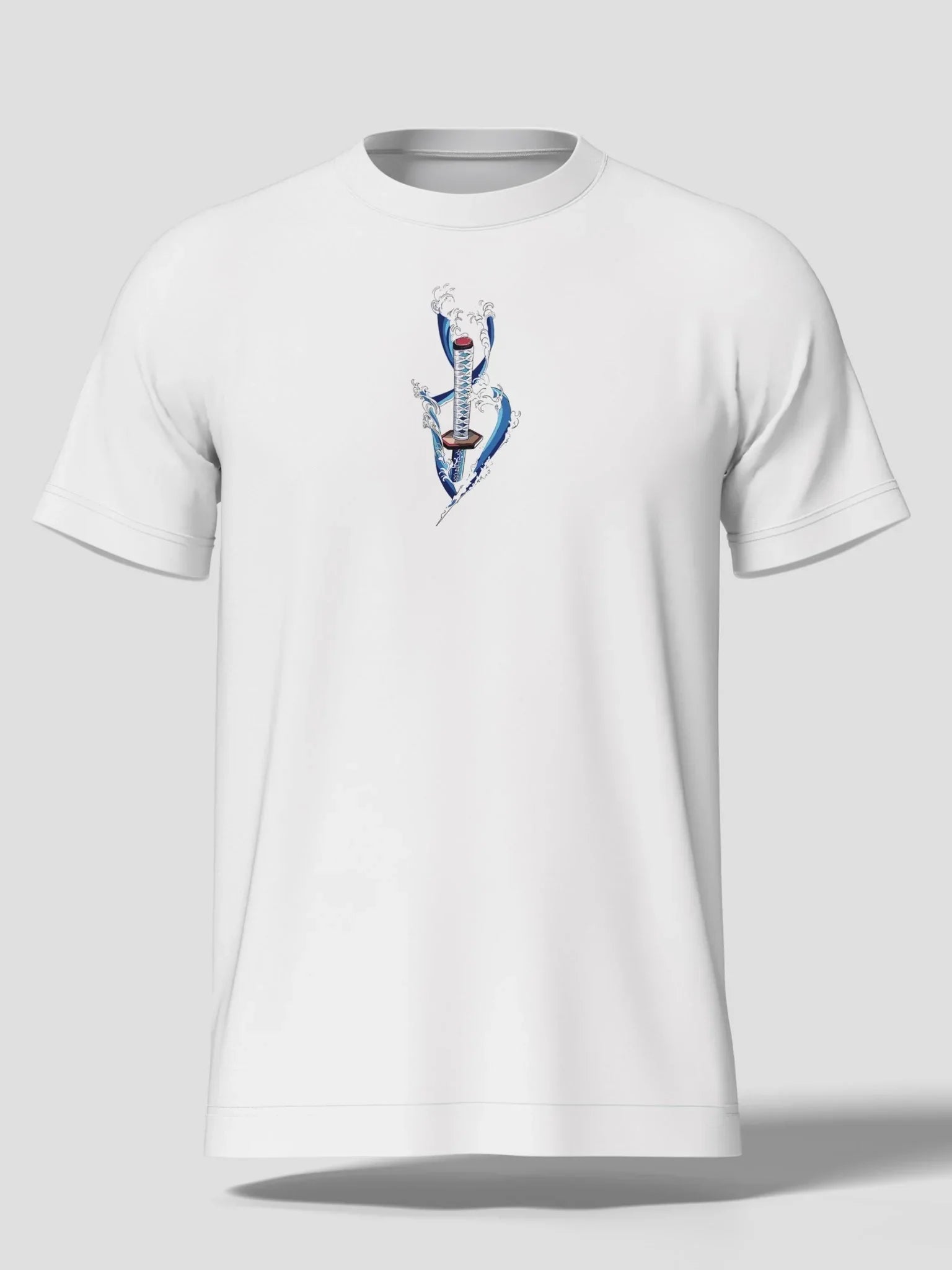 Maglietta bianca anime con ricamo katana blu e onde, stile Demon Slayer Water Hashira.