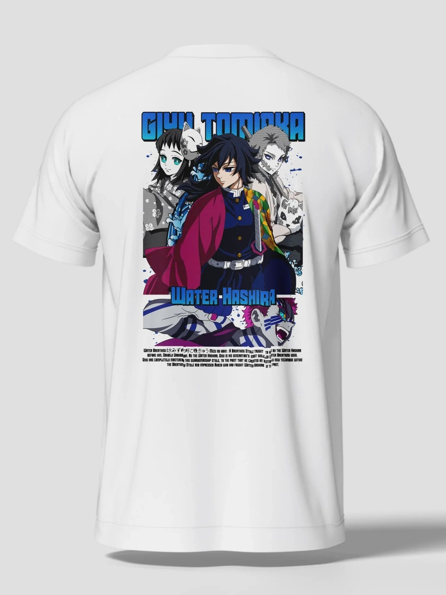 Maglietta bianca con stampa anime Giyu Tomioka Water Hashira Demon Slayer, personaggi colorati sul retro.